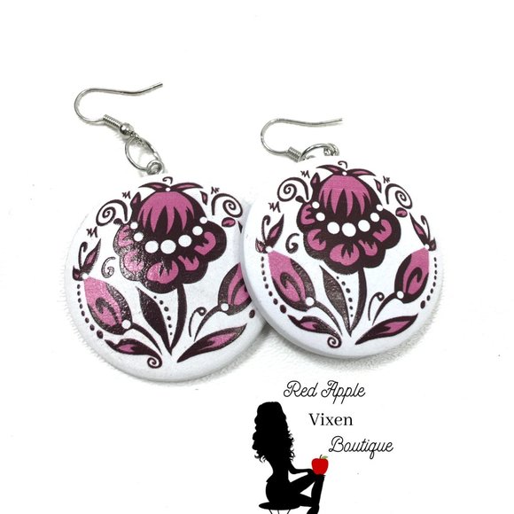 Wood Floral Painted Earrings - Picture 3 of 6